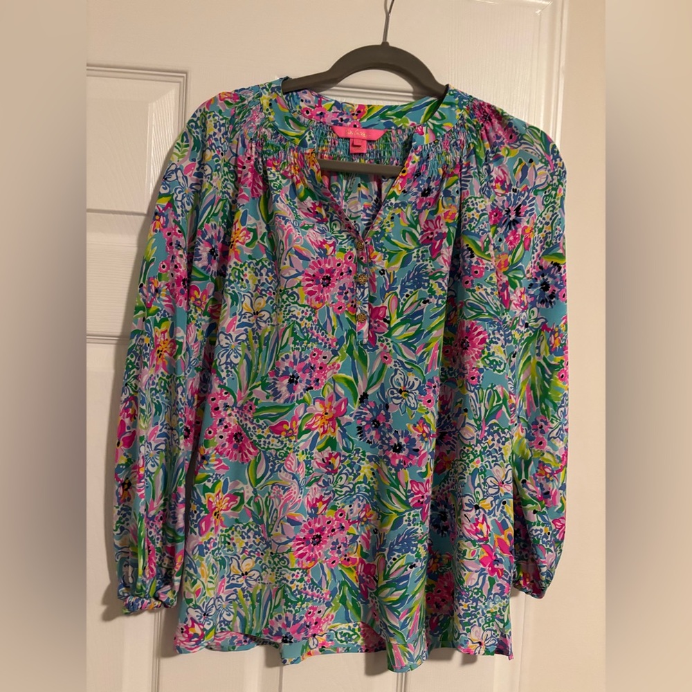 Lilly Pulitzer Elsa Silk Top Blouse in Amalfi Blue Alligator Isle Extra Small